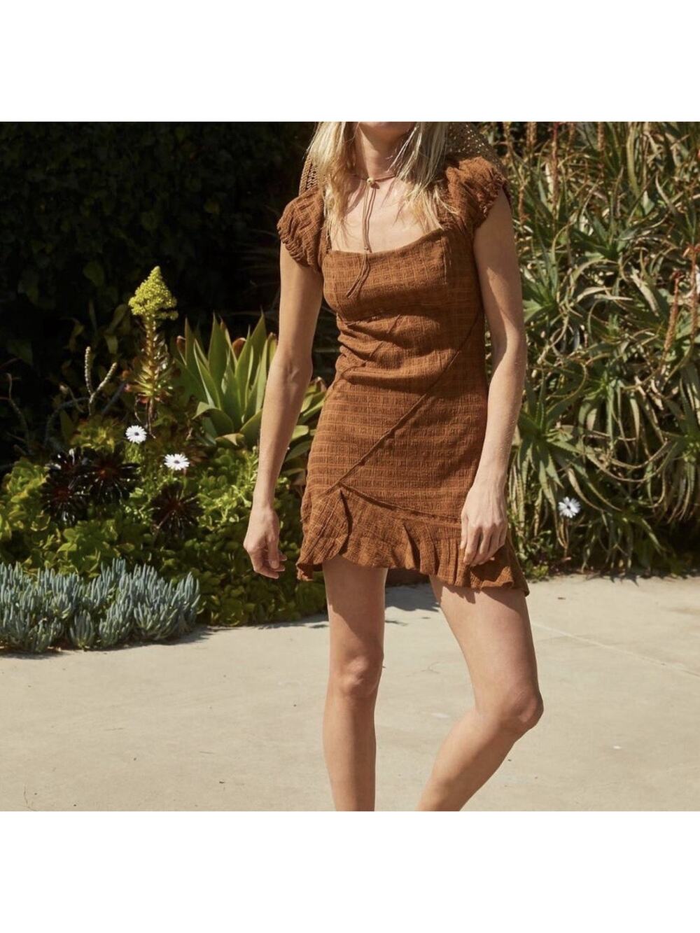 Free People Elle Mini Dress Womens Size S Brown Rust Linen Blend Asymmetric Hem